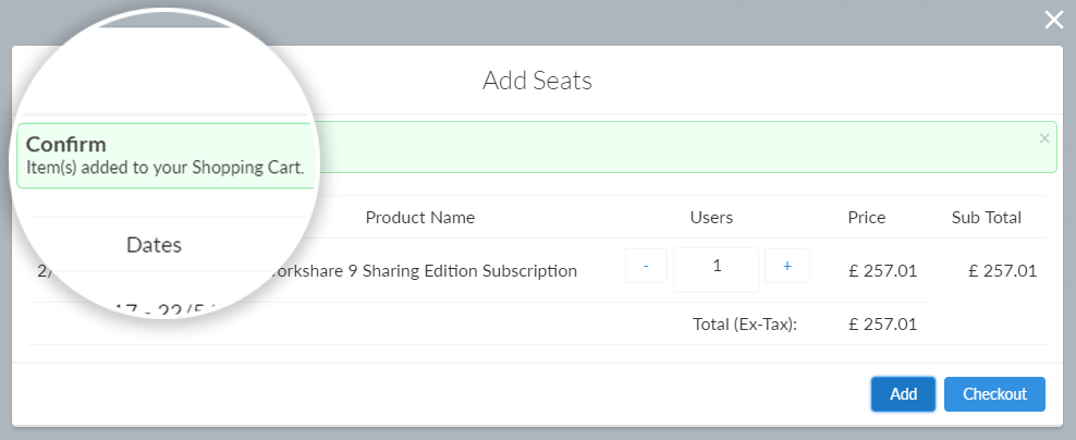 This image shows the confirmation message in the Add Seats dialog. The confirmation message says, "Confirm. Item(s) added to your Shopping Cart."