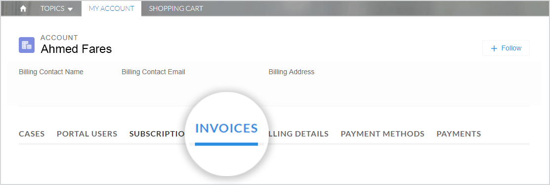 This image shows the "My Account" tab selected and "Invoices" highlighted.
