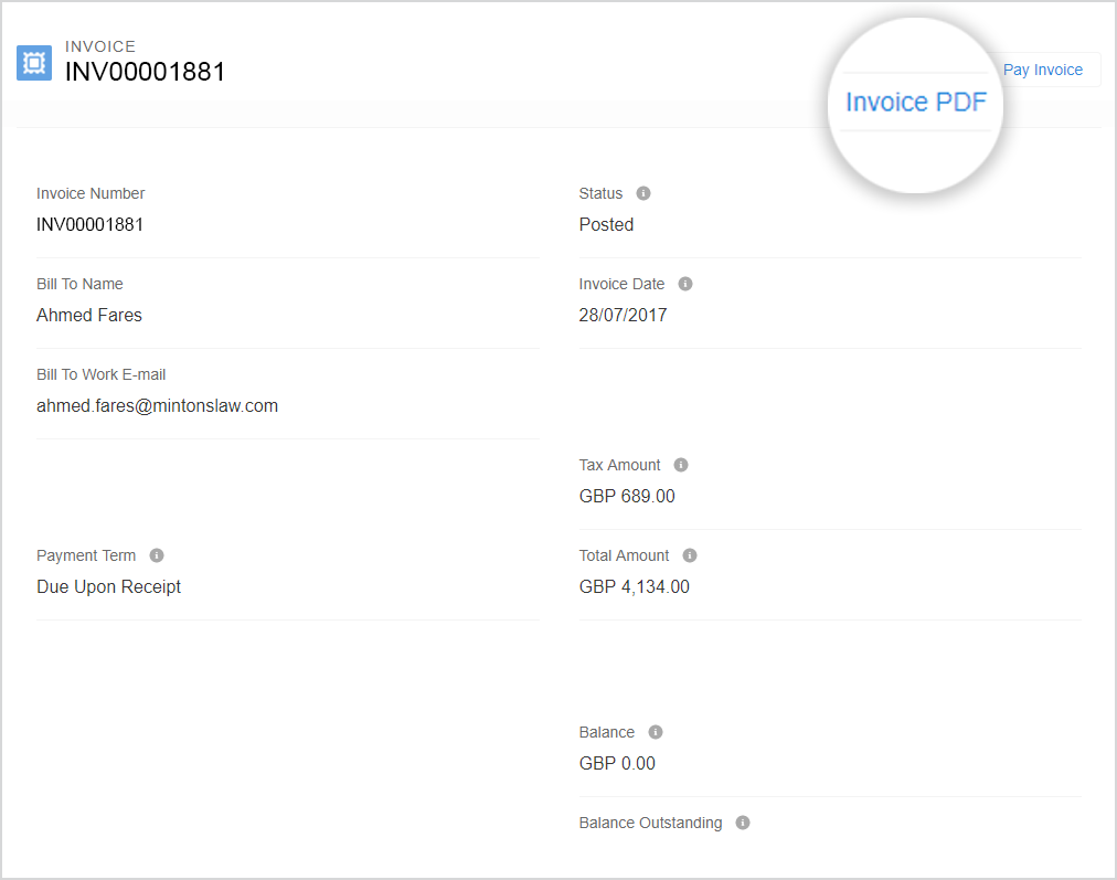This image shows the invoice page with the "Invoice PDF" button highlighted.