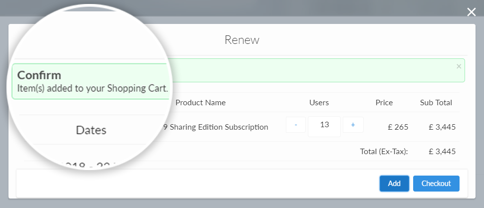 This image shows the "Renew" dialog with the confirmation message highlighted. The message says, "Confirm. Item(s) added to your Shopping Cart."