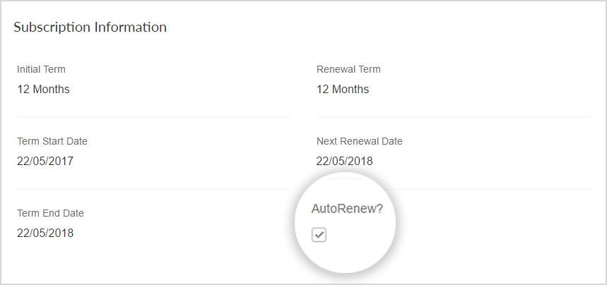 This image shows the "AutoRenew" checkbox highlighted. It is located toward the bottom of the subscription details.
