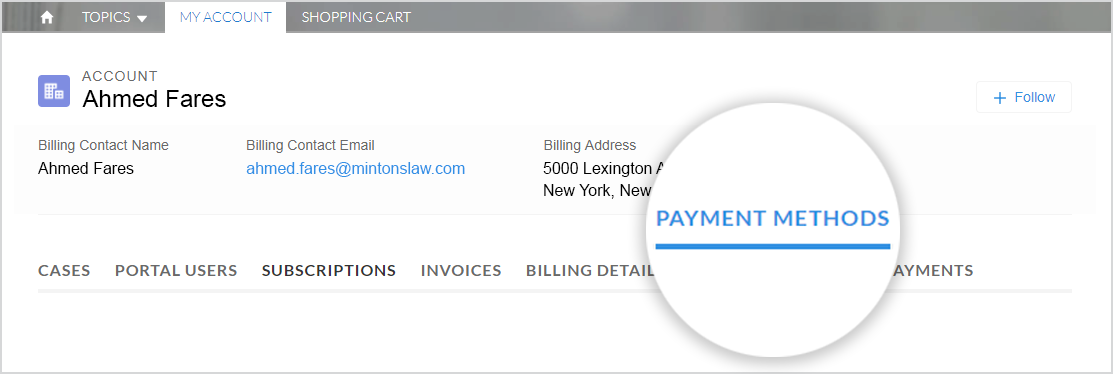 This image shows the "My Account" tab selected with "Payment Methods" highlighted.