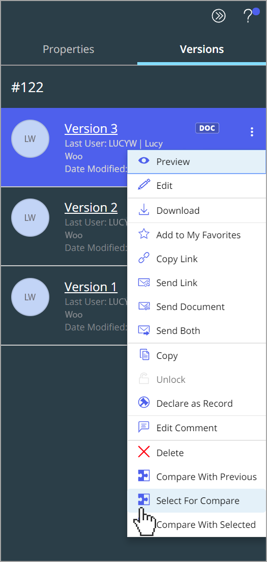 In the context menu for a version, click Select For Compare.