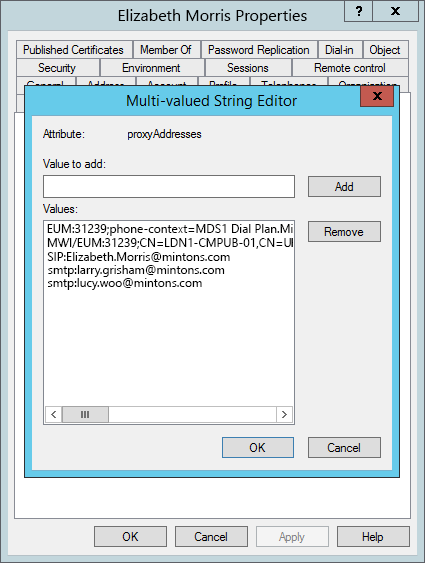 This is an image of the "Multi-valued String Editor" dialog box, which appears when you edit a user's proxy addresses in Active Directory. The proxy address are listed under "Values" in the dialog box.