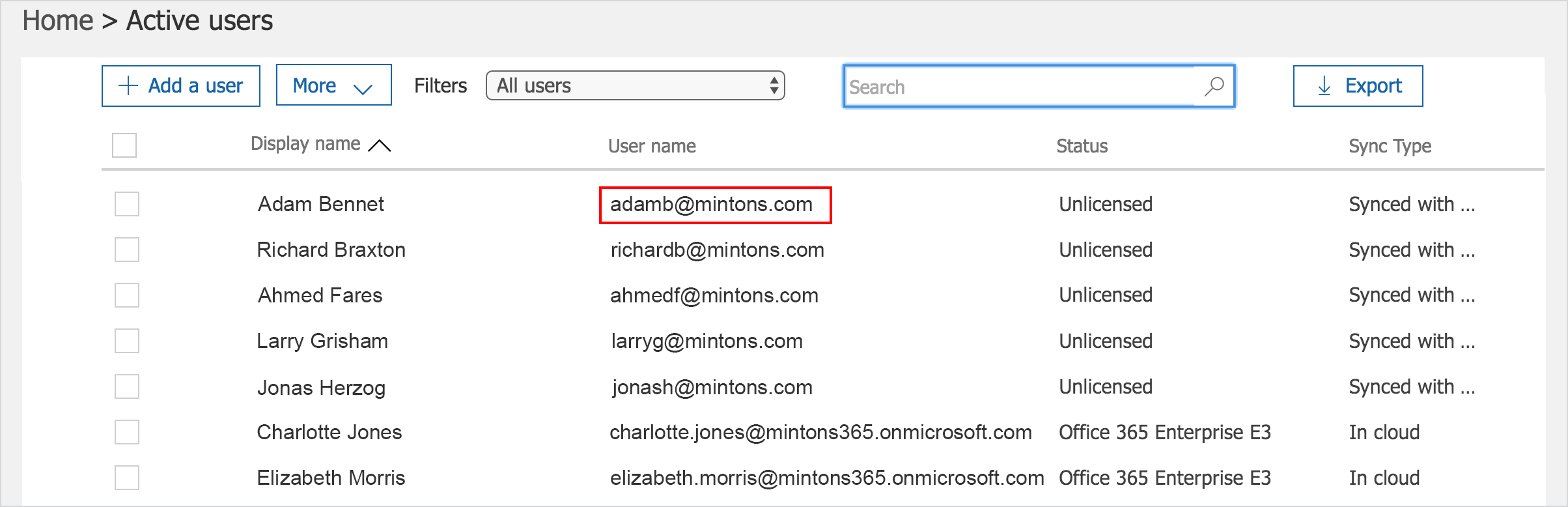 This image shows the "User name" column found by going to Home > Active Users. The example shows the user name "adamb@mintons.com".